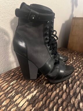 Tsubo Black Lace-Up Open-Toe Block Heel Ankle Boots